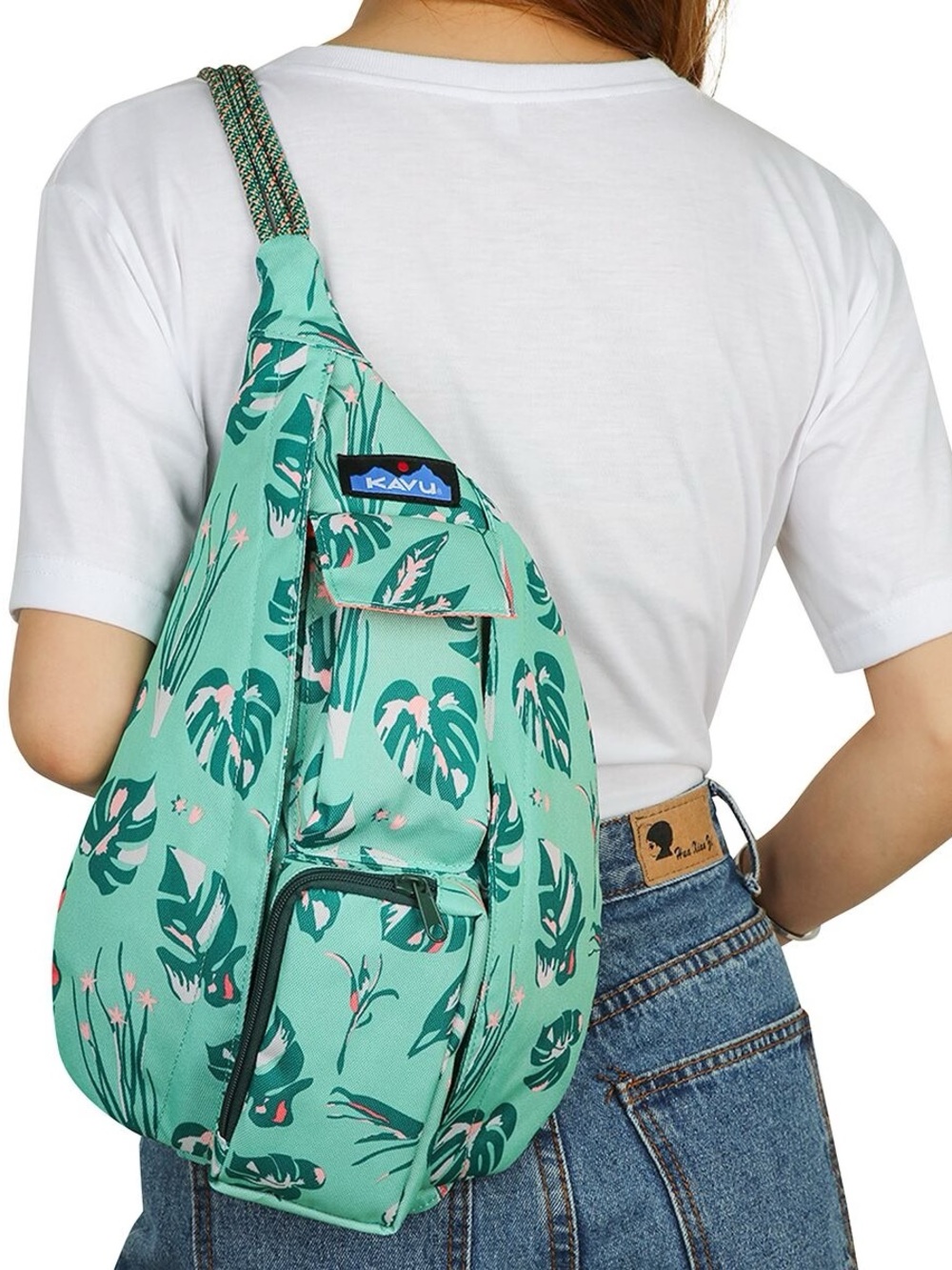 Kavu Mini Tropical Rope Sling Crossbody Backpack w/Neon Orange Interior & Accent